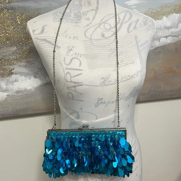 NWT JESSICA MCCLINTOK Sequined Bling Crossbody Clasp, 9”W x 5”H, Turquoise Blue - Picture 8 of 8